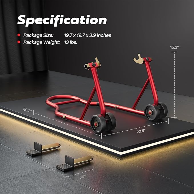 SPECSTAR Motorcycle Stand, 441 Lbs Capacity Rear Wheel Lift with U+L Adjustable Swingarm Spool, Heavy Duty Paddock Stand fit for BMW Suzuki Yamaha Honda Kawasaki, Red