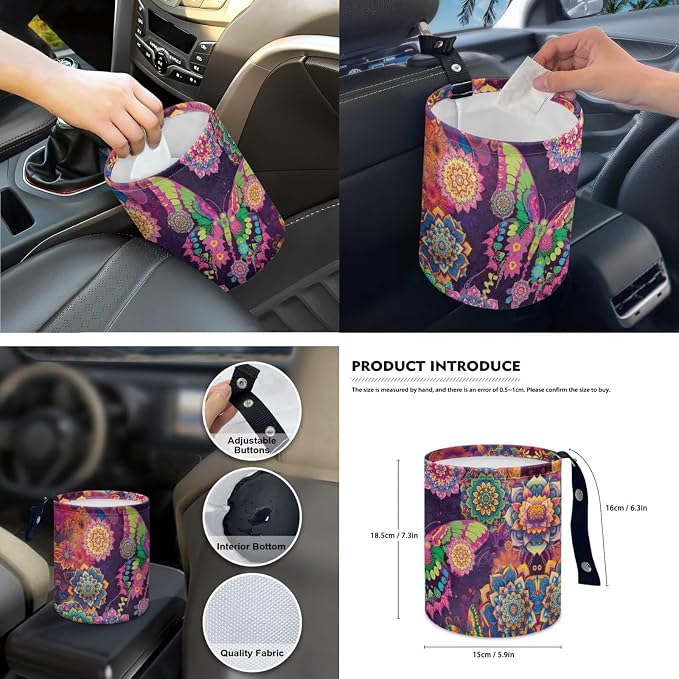 Boho Floral Butterfly Auto Interior Accessories Car Seat Covers with Auto Steering Wheel Cover Seat Belt Covers Car Trash Can View Mirror Cover Coaster Keychains