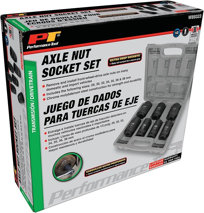 Performance Tool W89323 Axle Nut Socket Set, 1/2" Drive (7 Pieces) - Chrome Molybdenum Steel, Extra-Deep Sockets, Fits Various Domestic and Import Vehicles, Storage Case Included