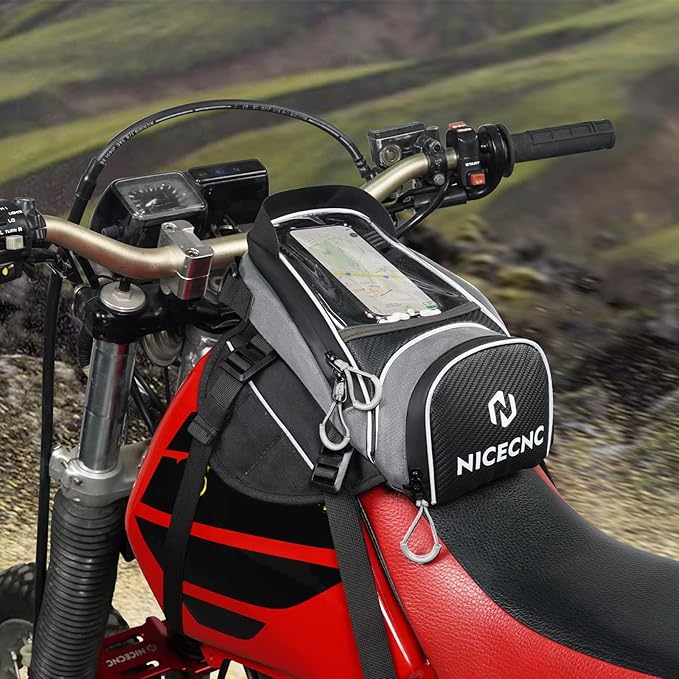 NICECNC Motorcycle Gas Tank Bag Magnetic, 6 Magnets & 5 Straps Reinforced, Detachable Anti-Slip Base Portable, Dirt Bike Tank Bag Storage Bag Muti-Functions for Men Women Cycling Hiking Camping