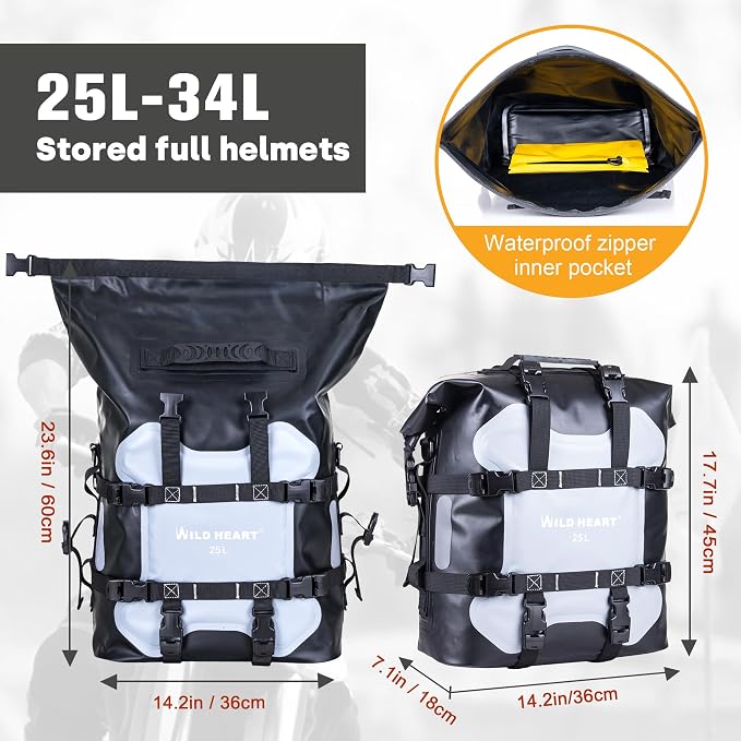 WILD HEART Motorcycle side bag stainless steel suspension waterproof bag Saddlebags 20L/25L waterproof Pianner Bag wear-resistant general-purpose Bike accessories (Grey, 25L, One Pack)
