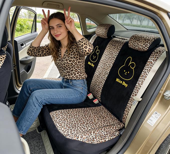 Cute Leopard Print Car Seat Covers For Women, Universal Full Set (Bunny) | Lovely Embroidered Cartoon Design For Daily Driving, Universal Fit For Most Cars, Soft Short Flannel With Stretch Backing