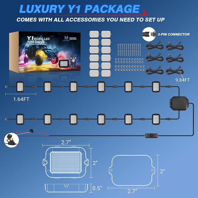 MICTUNING Y1 RGB+IC Dream Chasing Color Ultra-Bright 12 Pods LED Rock Light | Wiring Switch Kit, Extra Extension, Bluetooth APP Control, Extensible to 24 Pods, IP68 Waterproof, Series & Parallel Wiring