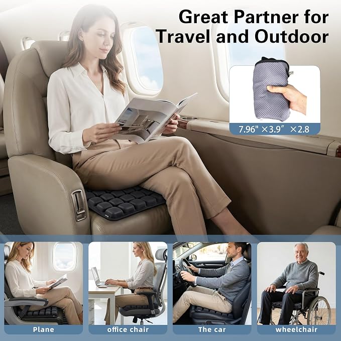 Inflatable Sonndur Travel Seat Cushion, Built-in Air Pump Car Airplane Chair Cushion for Long Flight Driving Sitting, Office Chair Wheelchair, Pressure Sore Relief, for Sciatica,Coccyx & Buttock SC01