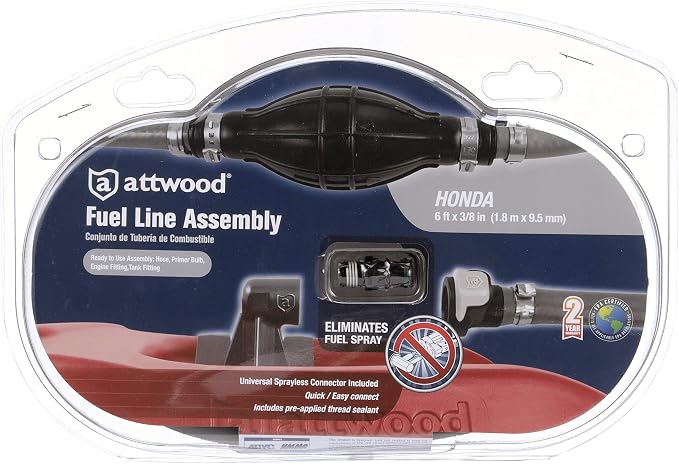 Attwood Honda Marine Fuel Line Kit, EPA Compliant, 6 Feet Long, 3/8-Inch Diameter Hose with Tank & Engine Fittings, includes Sprayless Connectors (Tank-side Fitting), Primer Bulb, 93806HUS7