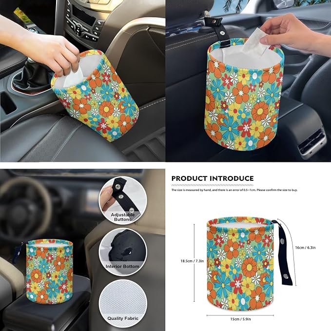 Hippie Floral Car Seat Cover Protector 15 PCS Set, with Steering Wheel Rearview Mirror Cover Seat Belt Pad Garbage Bag Coasters Key Chain Fit Most Vehicles
