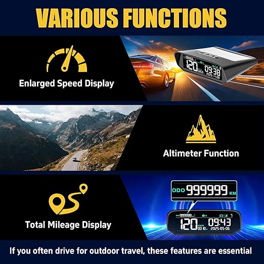 X100 Wireless Heads Up Display for Cars Solar GPS Digital Speedometer with LCD Screen Overspeed Alarm KMH/MPH Time/Altitude/Temperature/Speed Display, Vibration Wake-Up, Auto-Brightness Adjustment