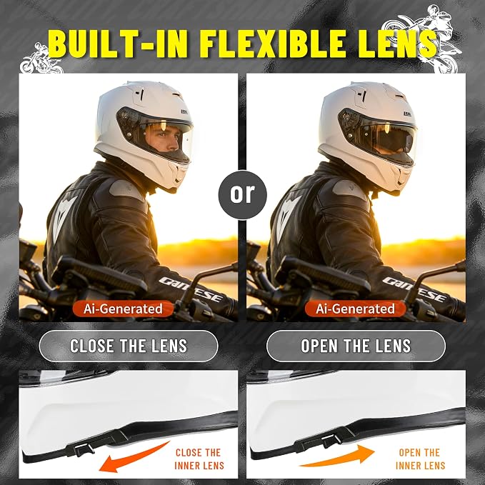LEM Motorcycle Helmets Full Face for Men, Motorcycle Helmet for Adults, DOT Certified, PINLOCK & DVS Dual Vision, Motorcycle Street Bike Helmet, Bluetooth Speaker Pockets (White Small) VZN FP09