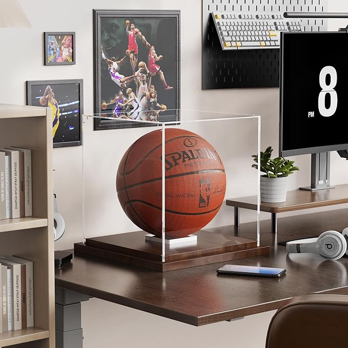 VGMiu Basketball Display Case with Wood Base, Clear Acrylic Basketball Case Display Box with Removable Built-in Ball Holder for Autographed Balls, Sports Collectibles, Memorabilia Displays