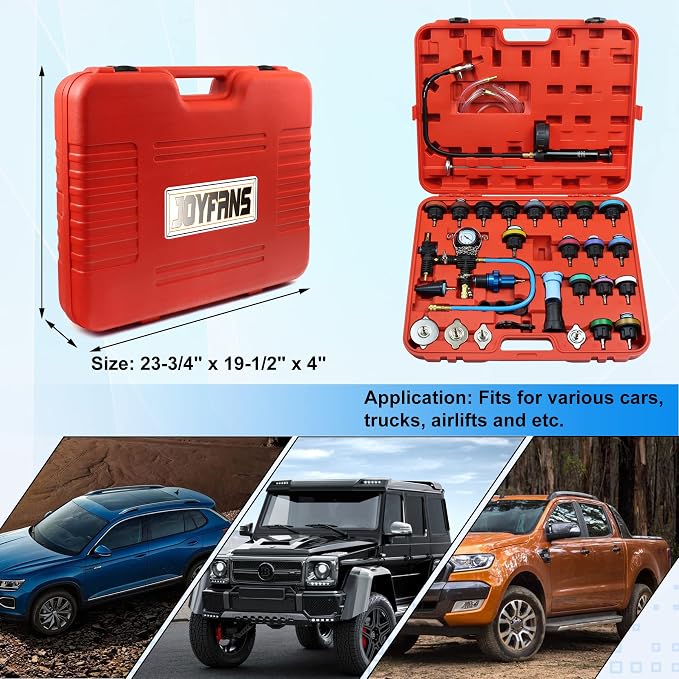 JoyFans Radiator Pressure Tester and Cooling System Pneumatic Vacuum Coolant Refill Tool 33Pcs Automotive Kit with Pressure Gauge, Radiator Adapters for Most Cars, Trucks, Airlift Red