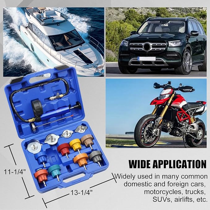 Coolant Pressure Tester Kit, Manual Pump Radiator Pressure Tester and Adapters Work on Cooling System Leak Down Test for Cars Motorcycles Trucks Airlifts, 14PCS Automotive Tools Blue