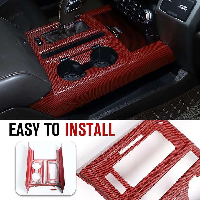 JeCar Center Console Gear Shift Cup Holder Panel Cover Trim Decoration Frame for 2015-2020 Ford F150 (Red Carbon Fiber)