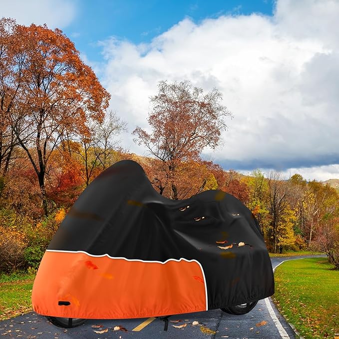 Trike Cover, Waterproof 3 Wheel Motorcycle Cover for Harley Davidson, Honda Goldwing, Kawasaki Trike Accessories, with Windproof Buckle, Reflective Strap, Black&Orange