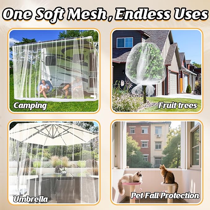 65x10ft Extra Large Mosquito Net, Mesh Netting for Garden Skin and Plants Protection, Patio Bird Bug Screen, White