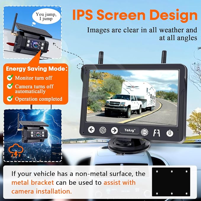 Wireless Backup Camera Magnetic for Truck: 1 Minute Easy Install HD 1080P Rear View Camera Solar - Portable Rechargeable 5 Inch Monitor System for Car Truck SUV RV Trailer Camper Y02