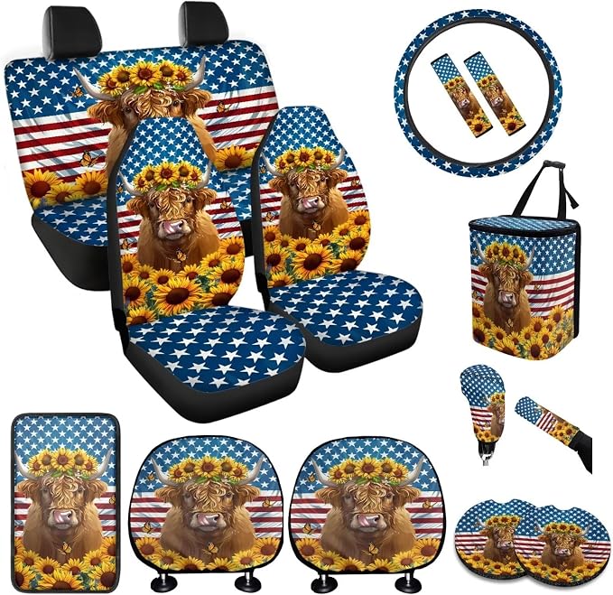 BIGCARJOB Highland Cow Print Car Seat Cover Set for Front and Rear,15 Pcs Sunflower Car Seat Interior Accessories Full Set with Seat Belt Pads,Car Seat Head Rest Protective Cover,Auto Garbage Bag