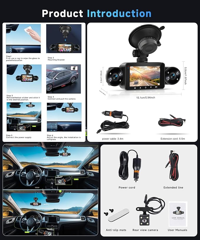 360° Dash Cam Front and Rear Inside Left Right, 4 Channel FHD 1080P Dash Cam for Cars, 3" Dashcams with 64G TF Card 8 IR Night Vision, Loop Recording, G-Sensor, 24H Parking Mode Monitor, Reverse View