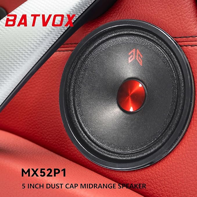 MX52P1 Loudspeaker 5 Inch Midrange 160 Watts 4 Ohms Red Dust Cap, Premium Quality Audio Door Speakers for Car or Truck Stereo Sound System, Black (2 Speakers)