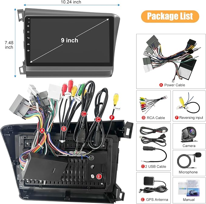 4G+64G Car Radio for Honda Civic 2012-2015 with Wireless Carpaly & Android Auto,9 Inch IPS Touch Screen Car Stereo with GPS Navigation/Bluetooth 5.2/FM/Backup Camera/WiFi/SWC/HiFi