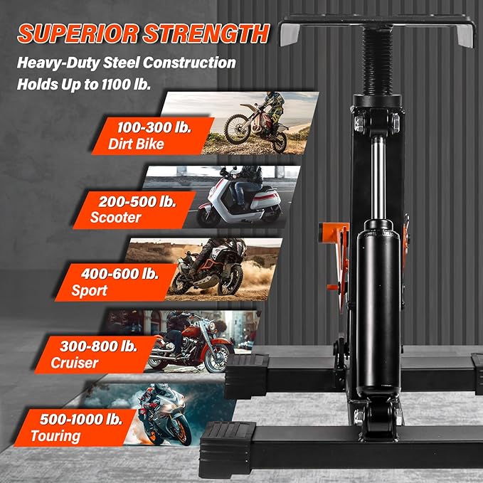 Adjustable Dirt Bike Stand & Powersport Jack 1000LBS Capacity, Heavy Duty Hydraulic Motorcycle Lift Stand & Center Stand for Maintenance, Dirt Bike Accessories for Garage & Shop (Orange)