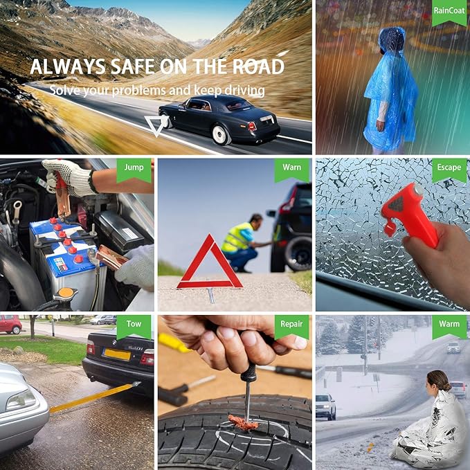 STDY Car Roadside Emergency Kit, Vehicle Truck Safety Road Side Assistance Kits Auto Accessory, with Jumper Cables, Car Vacuum, etc