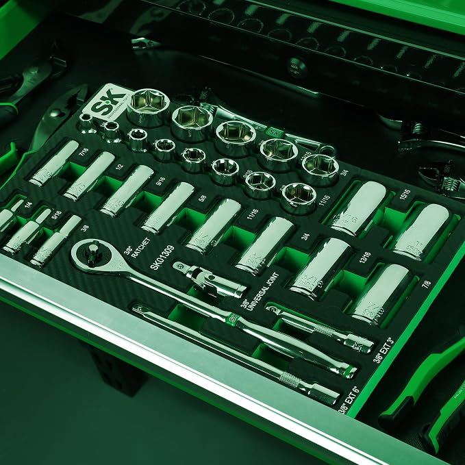 SK Tools USA 3/8" Drive, 30 Piece, 6 Point, Standard & Deep, SAE Chrome Socket Set | SK01309-216P