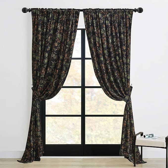 StangH Black Floral Curtains 92 inches Long, Back Tab Vintage Print Velvet Drapes with Flower Pattern Super Soft Decorative Moody Curtains for Living Dining Room, W52 x L92, 2 Panels
