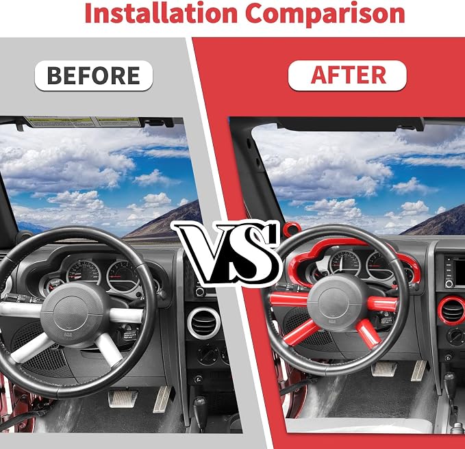 Jimen Fit for Jeep Wrangler JK JKU 2007-2010, 14PCS Interior Kits - Instrument Panel Dashboard Cover, AC Vent Ring, Passenger Grab Handle Trim, A Pillar Speaker Cover (Red)