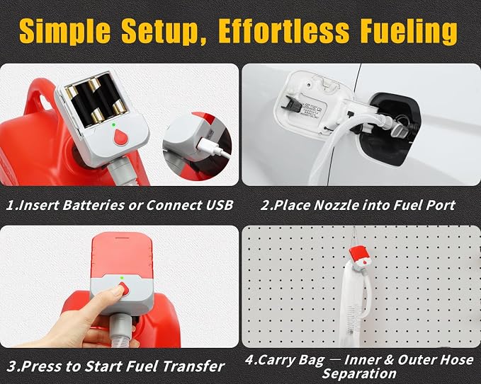 Fuel Transfer Pump with Auto-Stop, 3.8 GPM Battery or USB Powered Cordless Gas Pump, Portable Electric Pump for Gas Can with 51" Hose & 4 Adapters for Gasoline, Diesel, Oil–Spill-Free Refueling