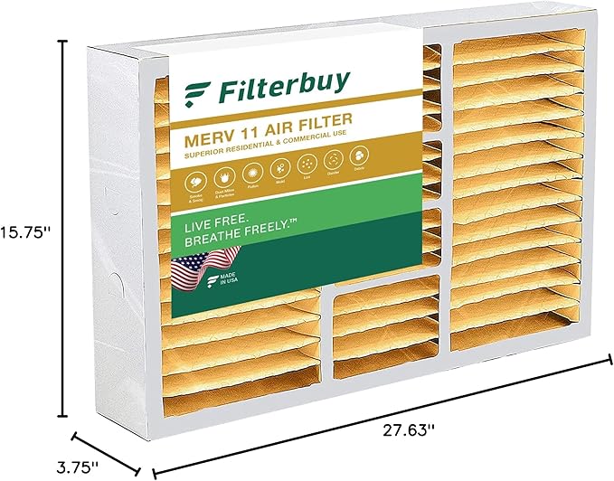 Filterbuy 15.75x27.63x3.50 Air Filter MERV 11 Superior Pet & Allergy Defense (1-Pack), Pleated HVAC AC Furnace Filters for AprilAire Space-Gard 104 & 2140 (Actual Size: 15.69 x 27.56 x 3.50)
