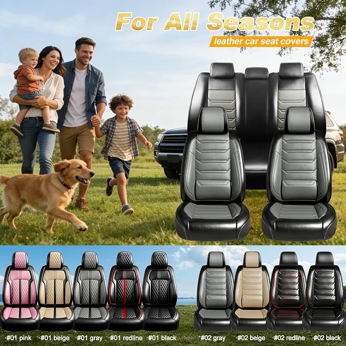 Fit Verano Car Seat Covers for Select Buick Verano 2012-2017 - Premium Full Coverage Leather, Airbag Compatible, Waterproof & All Weather Seat Cushion Protector, Full Set, Black+Gray