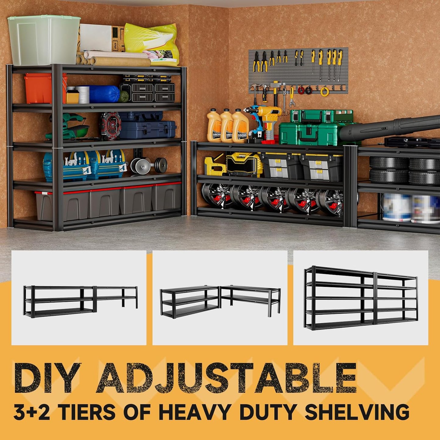 5-Tier 60" W x 20" D x 72" H Garage Shelving Metal Storage Rack 3000LBS Garage Shelving Heavy Duty Adjustable Storage Shelves Unit for Industrial Warehouse Basement Utility Shelf (Black)