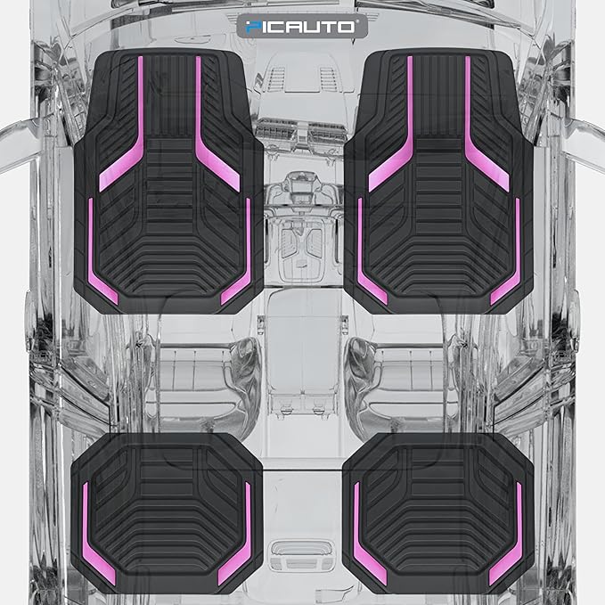 PIC AUTO Heavy Duty Rubber Floor Mats, Pink Aluminum Film Car Mats Set, Front and Rear Car Mats with Anti-Slip Backing, All Weather Protection, Trim-to-Fit for Automotive SUV, Sedan, Van