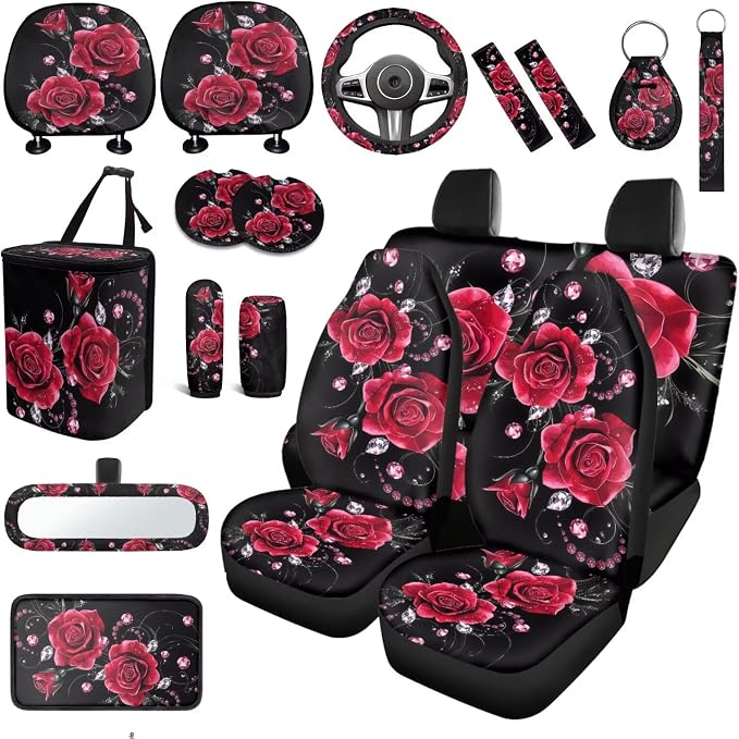 18 Pieces Car Seat Covers Full Sets Red Rose Car Accessories Set with Red Rose Steering Wheel Cover Auto Trash Can for Women Car Headrest Covers Belt Pads Cover Romantic Auto Armrest Pad