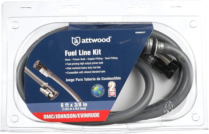 Attwood Johnson/Evinrude Marine Fuel Line Kit, EPA Compliant, 6 Feet Long, 3/8-Inch Diameter Hose with Tank & Engine Fittings, Primer Bulb. (Tank-side Fitting Not Included), 93806ELP7