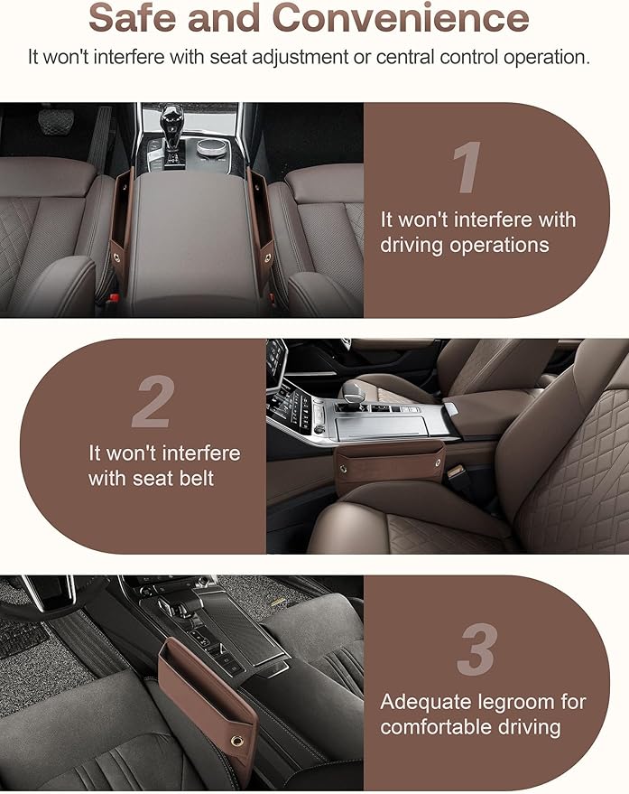 Premium Leather Car Seat Gap Filler Organizer (0.2”-1.2" Gaps), Clever Gifts for Car SUV Truck Owners (Brown, 2 Pack)