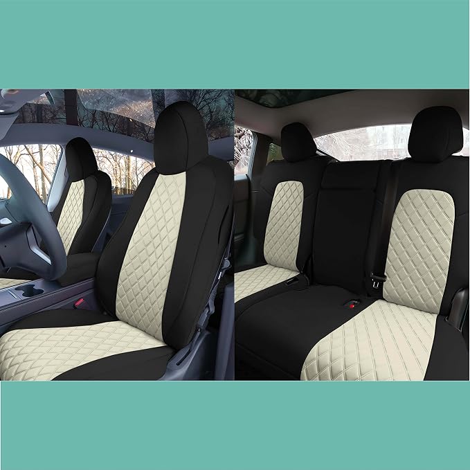 FH Group Custom Fit Car Seat Covers Specifically Made for 2020-2025 Tesla Model Y Ultraflex Neoprene Water Resistant Automotive Seat Covers - Full Set Beige
