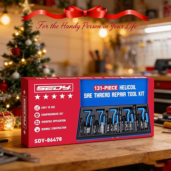 SEDY SAE Thread Repair Helicoil Kit - 131PC with HSS Drill Bits, Inserts, Taps, and Breakoff Tools for Rethreading on Metal, Engine, Pipe Repair - Sizes 1/4" 5/16" 3/8" 7/16" 1/2"