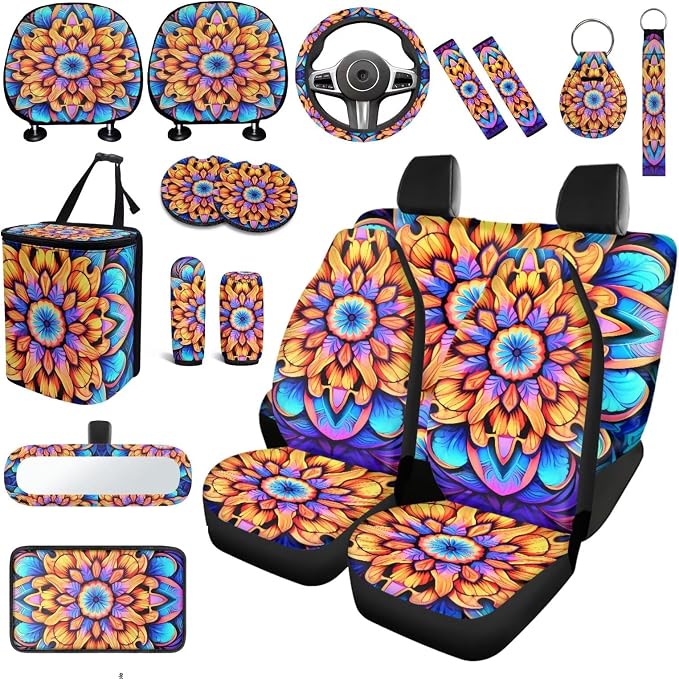 Mandala Lotus Car Seat Covers Full Set 18 Pcs Universal Car Interior Accessories Full Sets Hobo Mandala Flower Steering Wheel Cover Car Seat Belt Pads Cover Car Headrest Covers Keychain