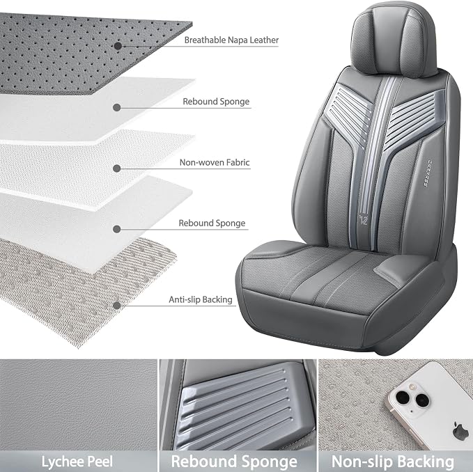 CAR PASS Nappa Leather Seat Covers, Breathable Waterproof Car Seat Covers Full Set, Luxury Leather Front and Back Seats Full Coverage, Universal Fit SUV Pick-up Truck Sedan Automotive(Gray)