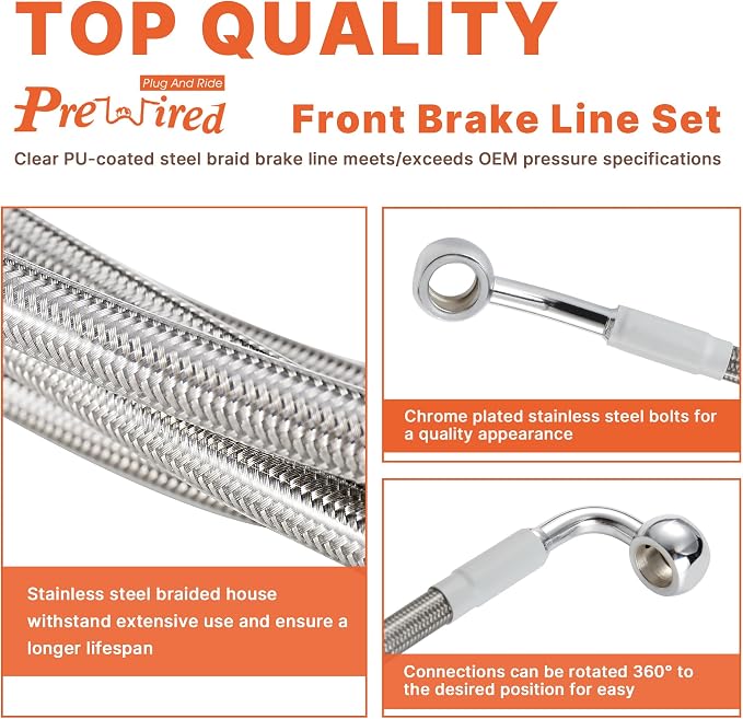 Front Dual Disc Brake Line 12" Handlebars +2" Extension Brake Cable NO ABS for Harley 2014-2023 Touring Road King/Road Glide/Street Glide/Electra Glide Models Stainless Steel Braided, Chrome