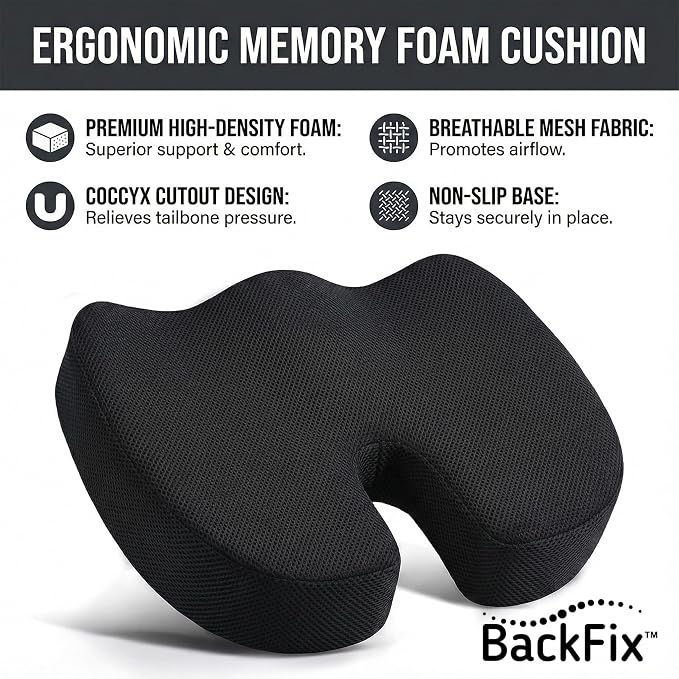 BackFix Extra Thick Cooling Gel Top Orthopedic Doctor Designed Memory Foam Seat Cushion. Extra Thick Pressure Relief for Office Chair, Car Seat. Tailbone Sciatica Pain Relief, Black