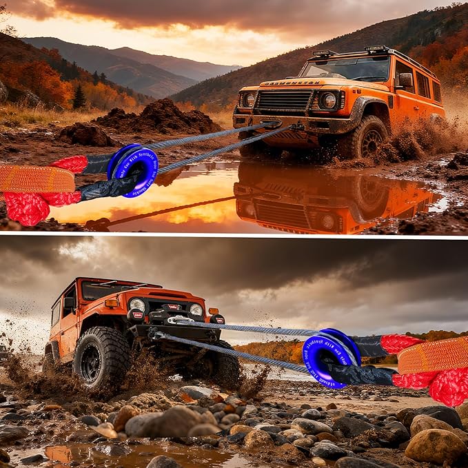 Synthetic Soft Shackle Rope 1/2 x 22 Inch Red Recovery Tow Shackles with Blue Recovery Ring 56,000lbs Breaking Strength Offroad Soft Shackle Recovery Kit for Off-Road Winch and Vehicle Towing