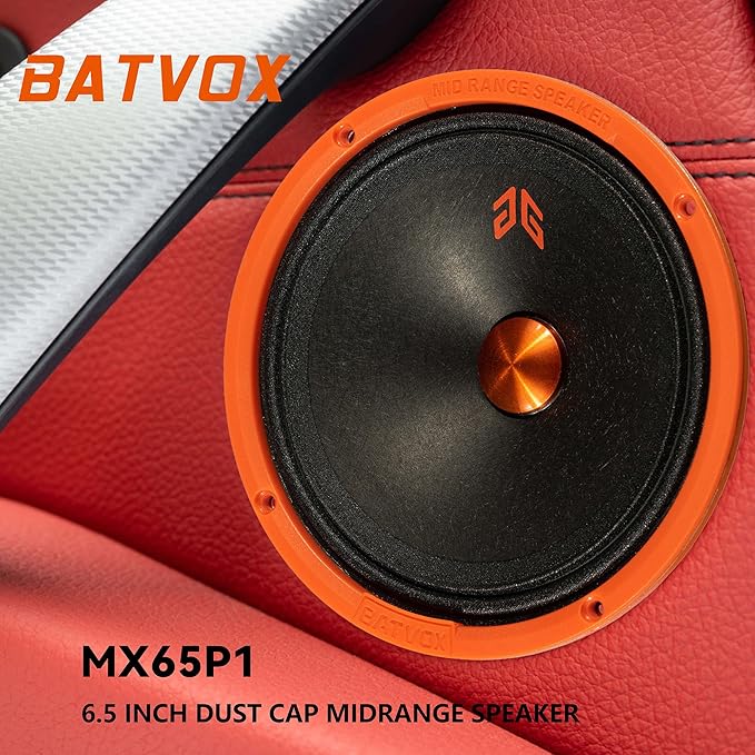 MX65P1 Loudspeaker 6.5 Inch Midrange 200 Watts 4 Ohms Orange Dust Cap, Premium Quality Audio Door Speakers for Car or Truck Stereo Sound System, Orange (2 Speakers)