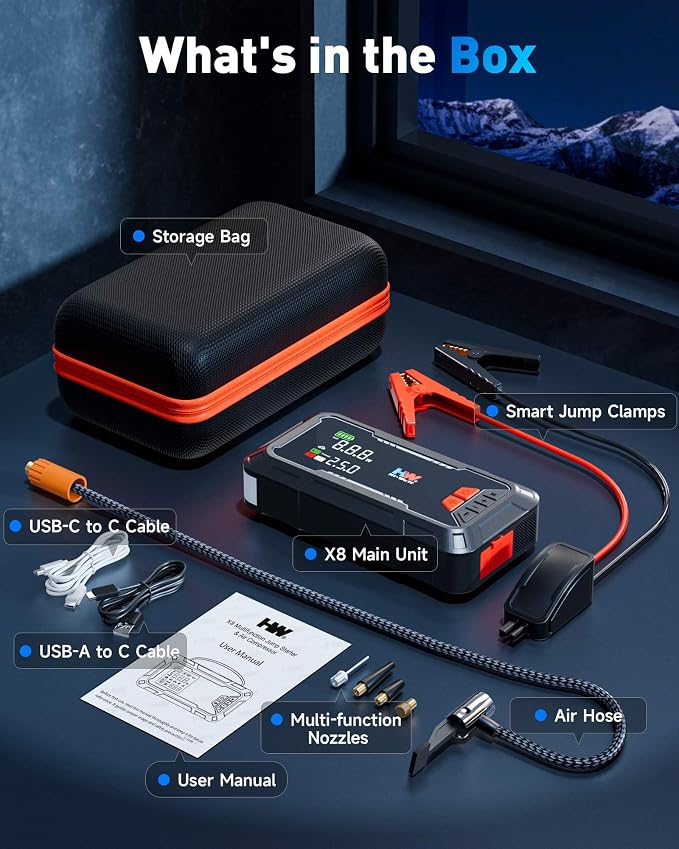 HW Car Battery Jump Starter with Air Compressor, 12V 2000A | 44.4Wh, 160PSI, 65W Fast Charging, Air Chucks and USB Cables