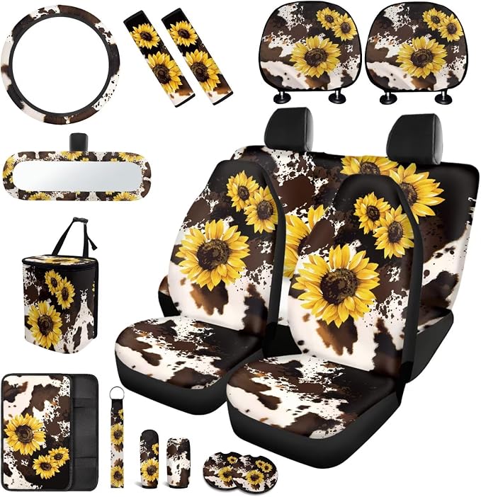Sunflower Car Seat Covers Full Sets of 17 Pack,Brown Cow Print Car Accessories Sets for Women with Auto Head Rest Covers,Steering Wheel Auto Covers,Hanging Trash Bag,Universal Fit Most Auto