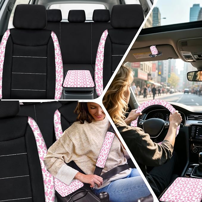 23 Pcs Leather Car Seat Cover Full Set for Women,Universal Car Seat Cover,Print Printing Car Steering Wheel Cover Center Console Armrest,Sunglass Holder Accessories Full SUV(Pink Cow)