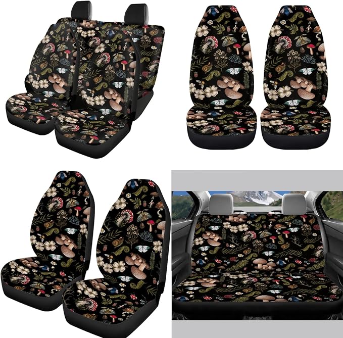 Butterfly Mushroom Car Seat Cover Full Set for Front Back,Seatbelt+KeychainsMushrooms Car Coaster15Inch Car Steering Wheel Cover,12PCS Hippie Mushroom Car Accessory Set for Women Men