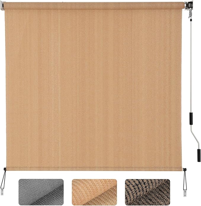 SMONTER Outdoor Sunshade Roller Shade 6'W x 6'H (72" Wx72 H), Exterior Cordless Roll Up Shades Blinds, UV Protection Shade Cloth with Crank Operation for Outside Windows Patio Porch Gazebo, Walnut