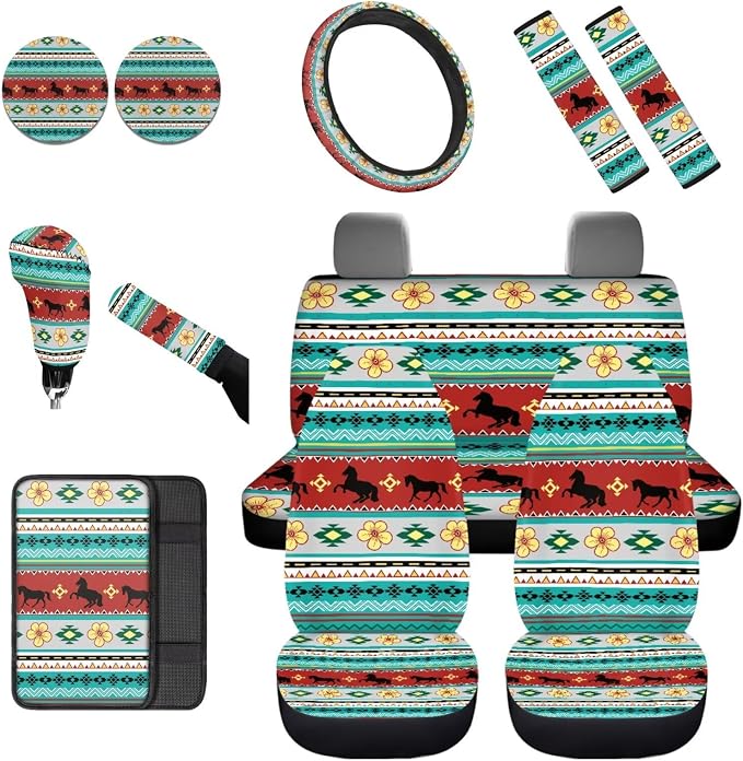 Dreaweet Aztec Tribal Horse Car Seat Covers Full Set 12 Pcs,Universal Car Seat Cover with Steering Wheel Cover,Seat Belt Pads,Armrest Cover,Cup Holder Coasters,Handbrake Cover,Gear Shift Knob Cover
